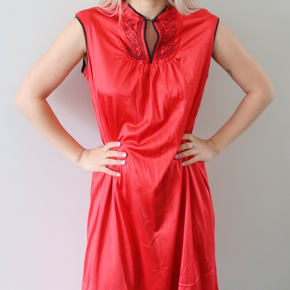 80’s Red Silky Mandarin Style Nightgown